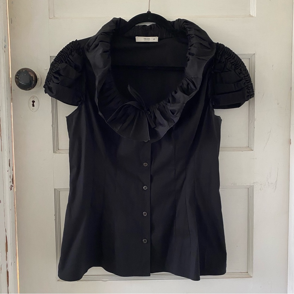 Prada Black Ruffled Button Up Top
